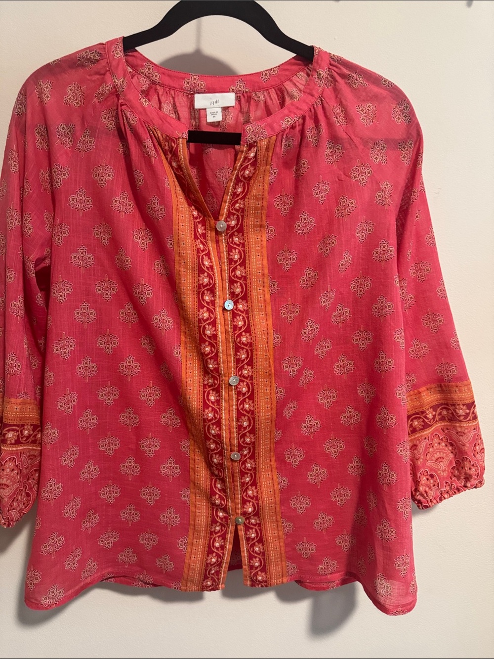 J. Jill Pink Printed Button-Front Peasant Blouse with Orange Trim